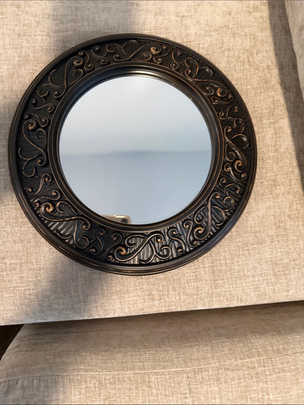 Ornate Round Wall Mirror in Antique Bronze Finish